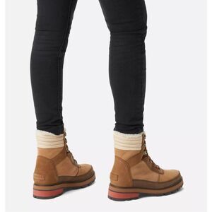 Sorel Women’s Lennox Lace Up Cozy Stacked Boot Waterproof Faux Fur Tan & Red NEW
